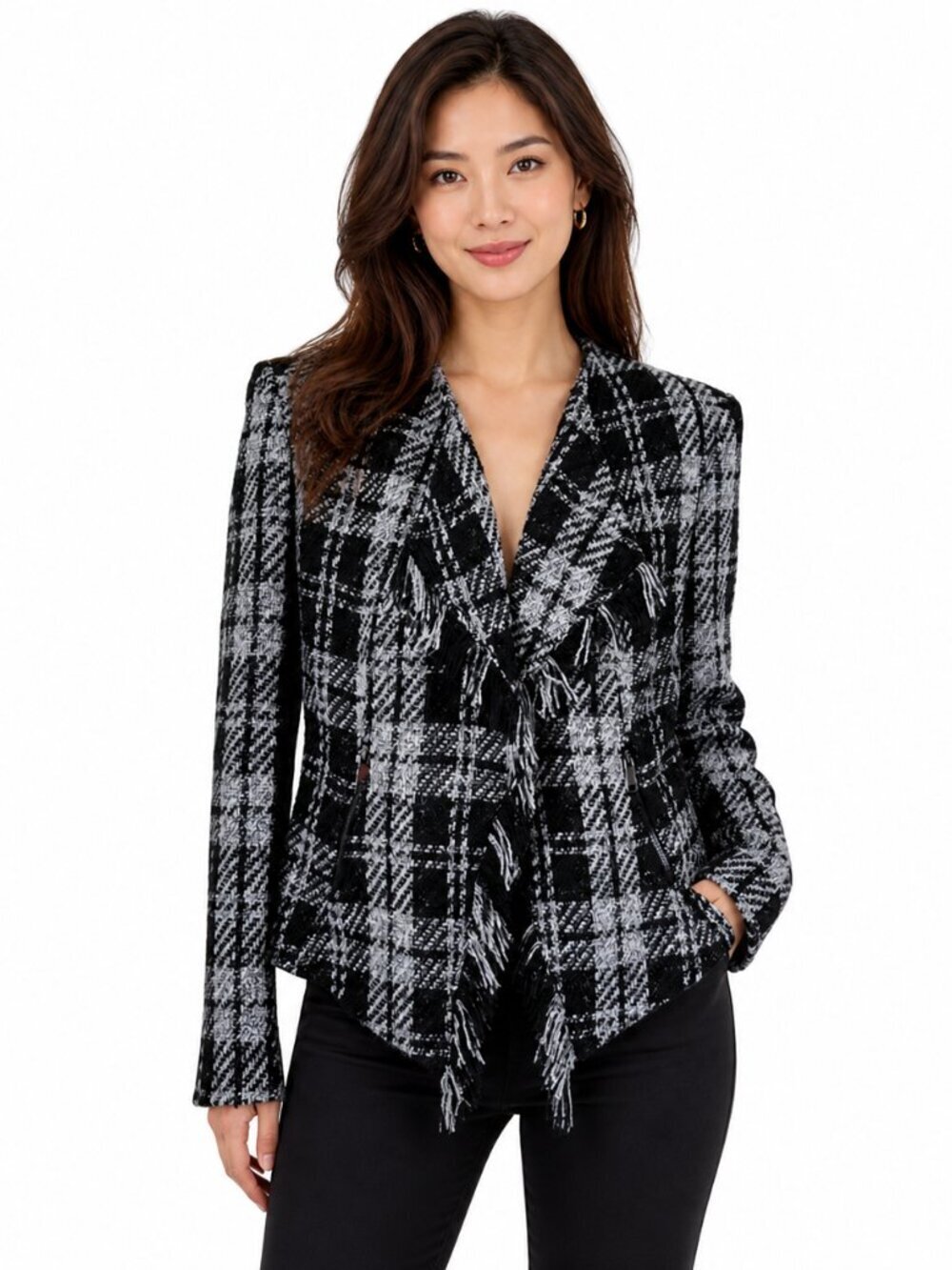 Tahari ASL Tweed Blazer Size 10 Black White Sparkle Plaid Fringe Trim Zip Pocket
